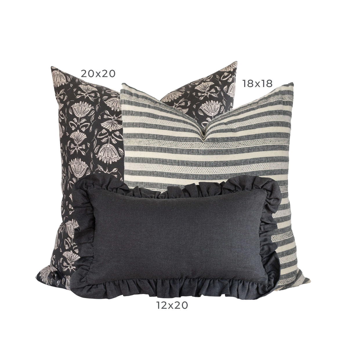 This image has text with the sizes of the pillows from biggest to smallest, 20x20, 18x18, and 12x20
