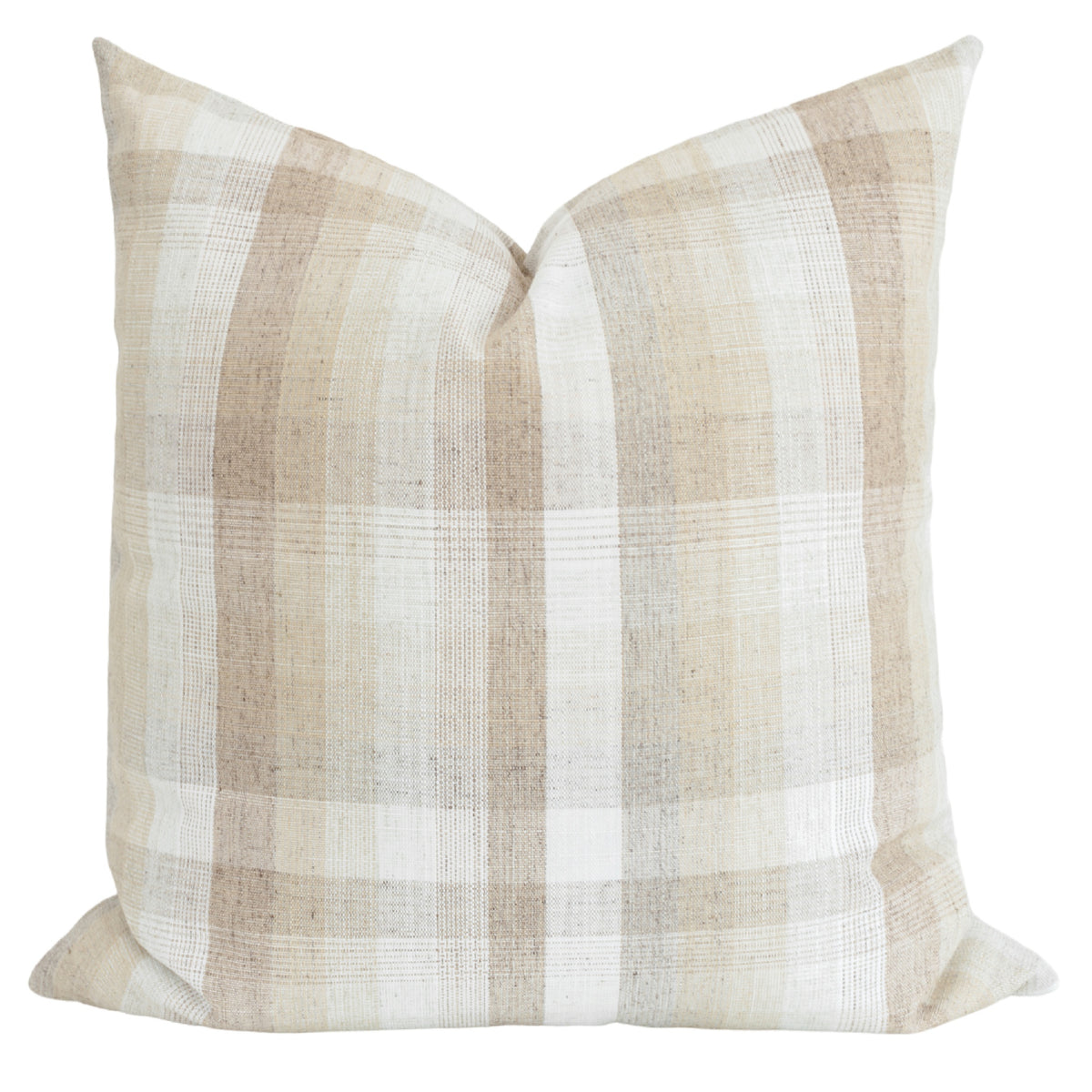 Neutral beige and ivory plaid throw pillow cover in textured woven fabric, square accent cushion with soft tan and cream stripes for farmhouse or modern living room decor