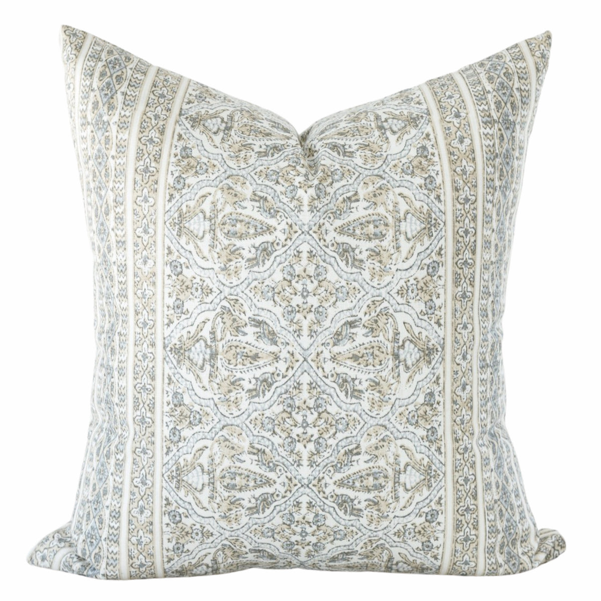 A square-shaped pillow cover with a floral pattern in shades of blue, cream, and beige.
