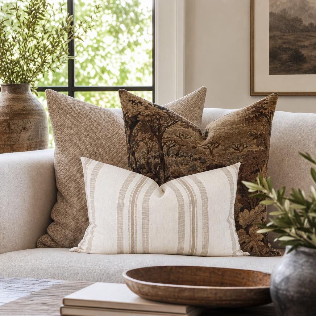 Elevate your home with this designer throw pillow set featuring a woodland tapestry print, soft taupe texture, and classic ivory stripes. Perfect for warm neutral interiors.