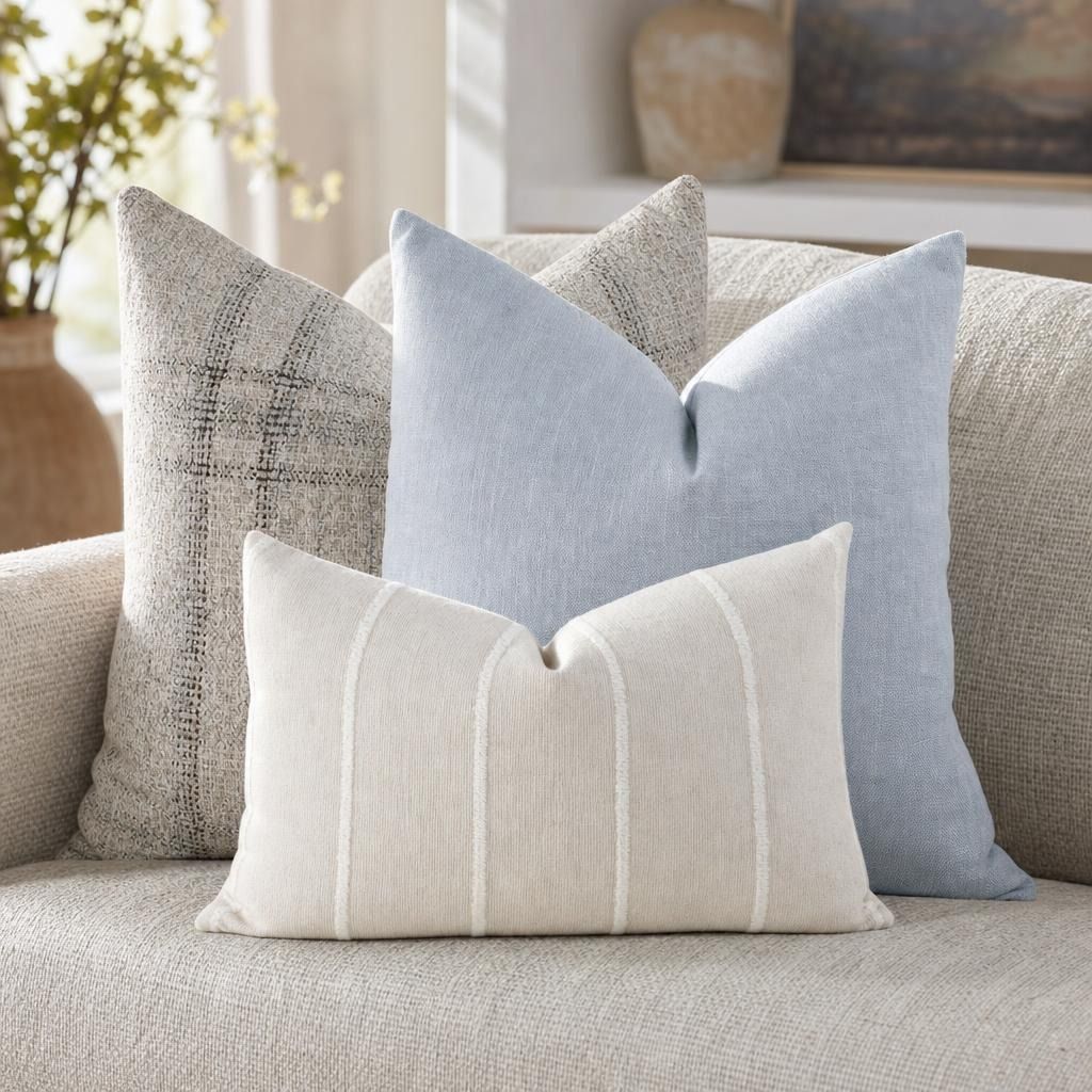 Designer throw pillow set featuring soft blue linen, textured ivory neutrals, and timeless woven details. Perfect for sofas and coastal-inspired interiors.