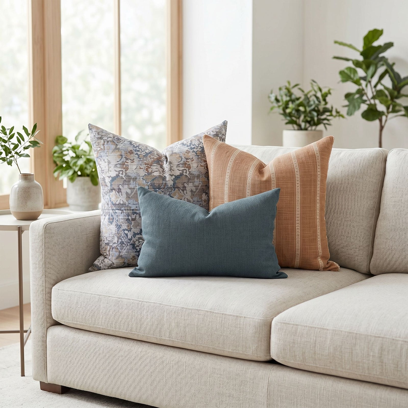 Modern sofa decorated with Kyrstan pillow combo featuring earthy tones and textured fabrics in a neutral, airy living space.