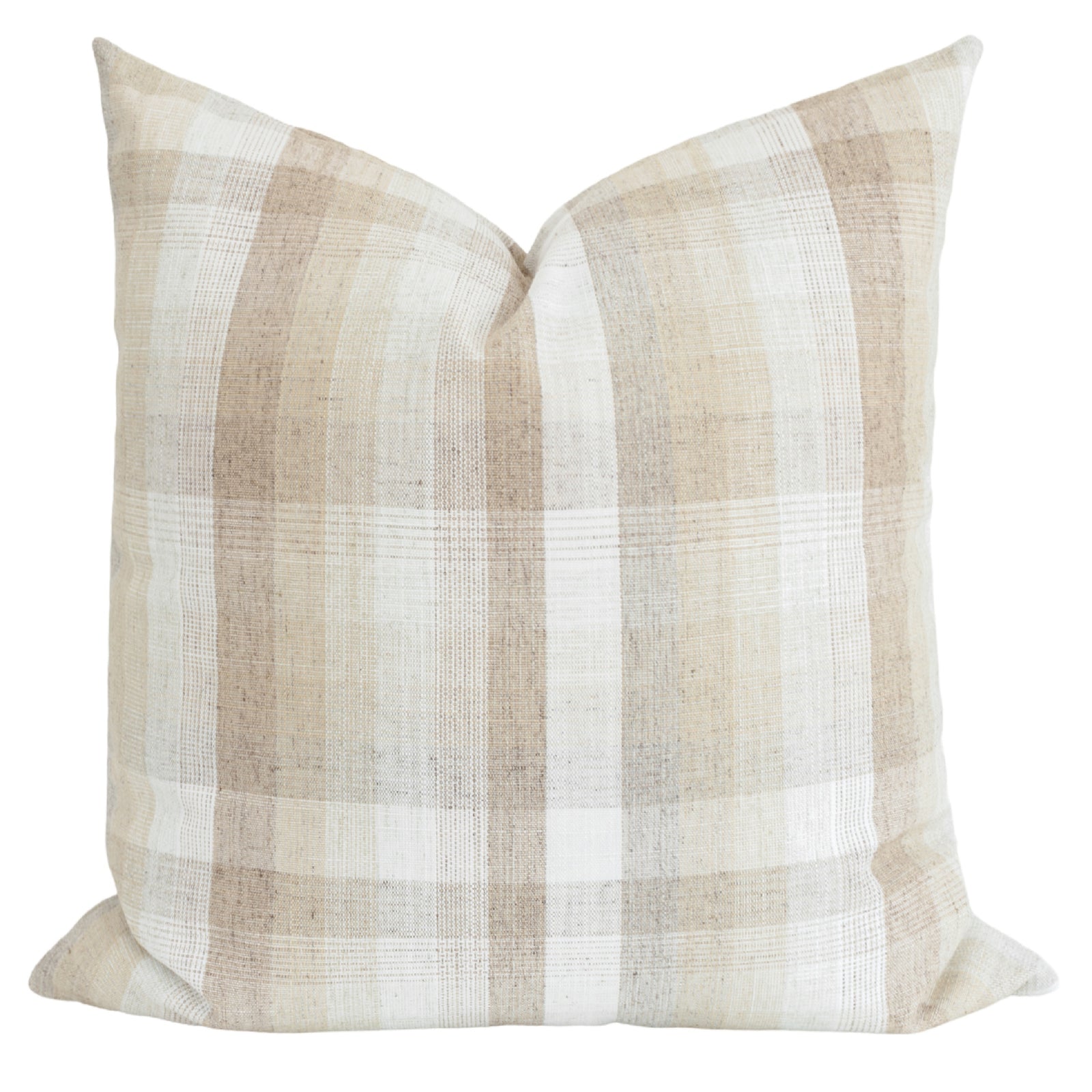 Archer neutral plaid pillow cover featuring a woven beige, ivory, and taupe plaid pattern with a designer knife-edge finish for sofas, beds, and accent chairs.