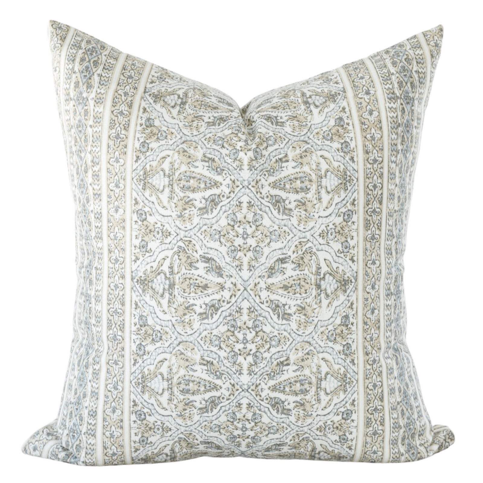 Athena block print pillow cover featuring an intricate blue, beige, taupe, and ivory medallion pattern inspired by traditional artisan textiles.