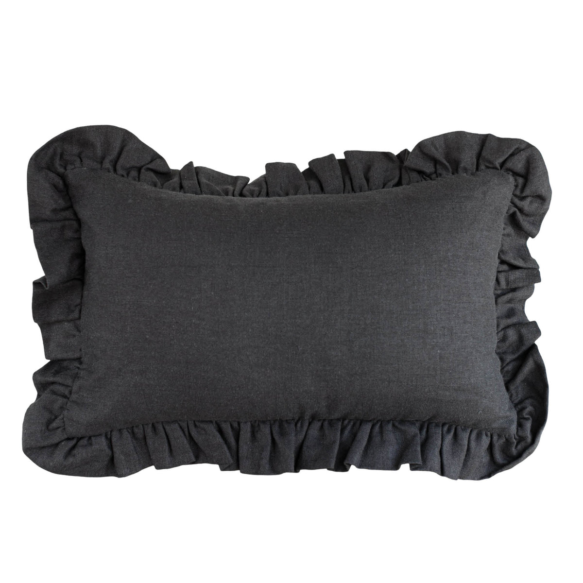 A dark charcoal solid lumbar pillow with feminine ruffles around the edge.