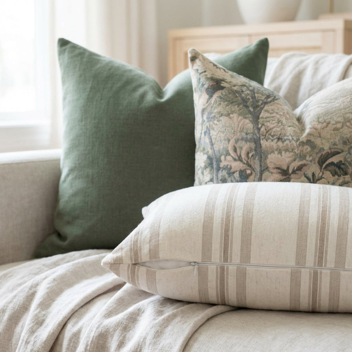 High-resolution macro shot of Callahan Pillow Combo 2 fabric textures, detailing the subtle pattern, weave, and hidden zipper on light-toned surface.