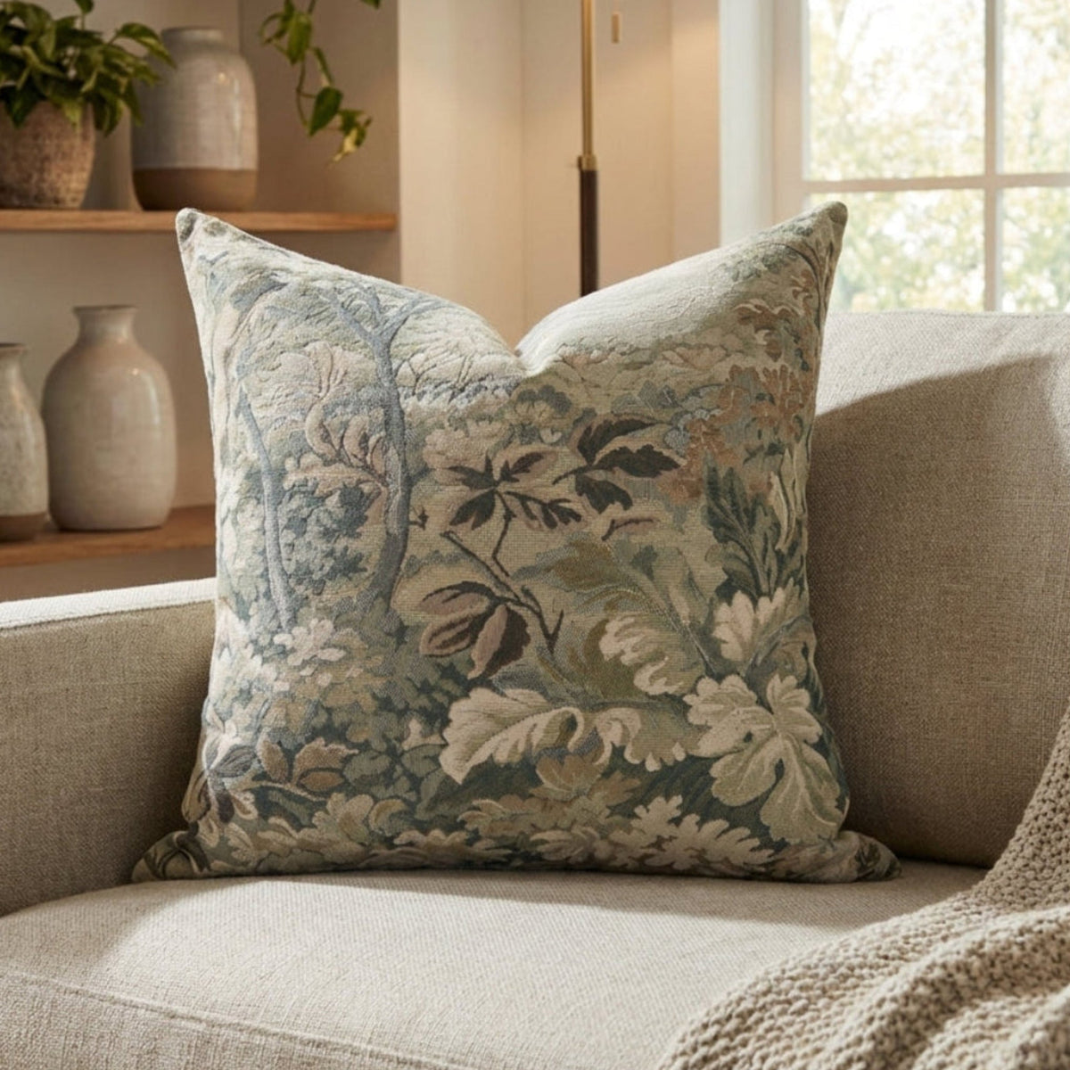 Full view of the Callahan Pillow Cover placed on a sofa in a modern living room, highlighting vintage botanical design and plush comfort.