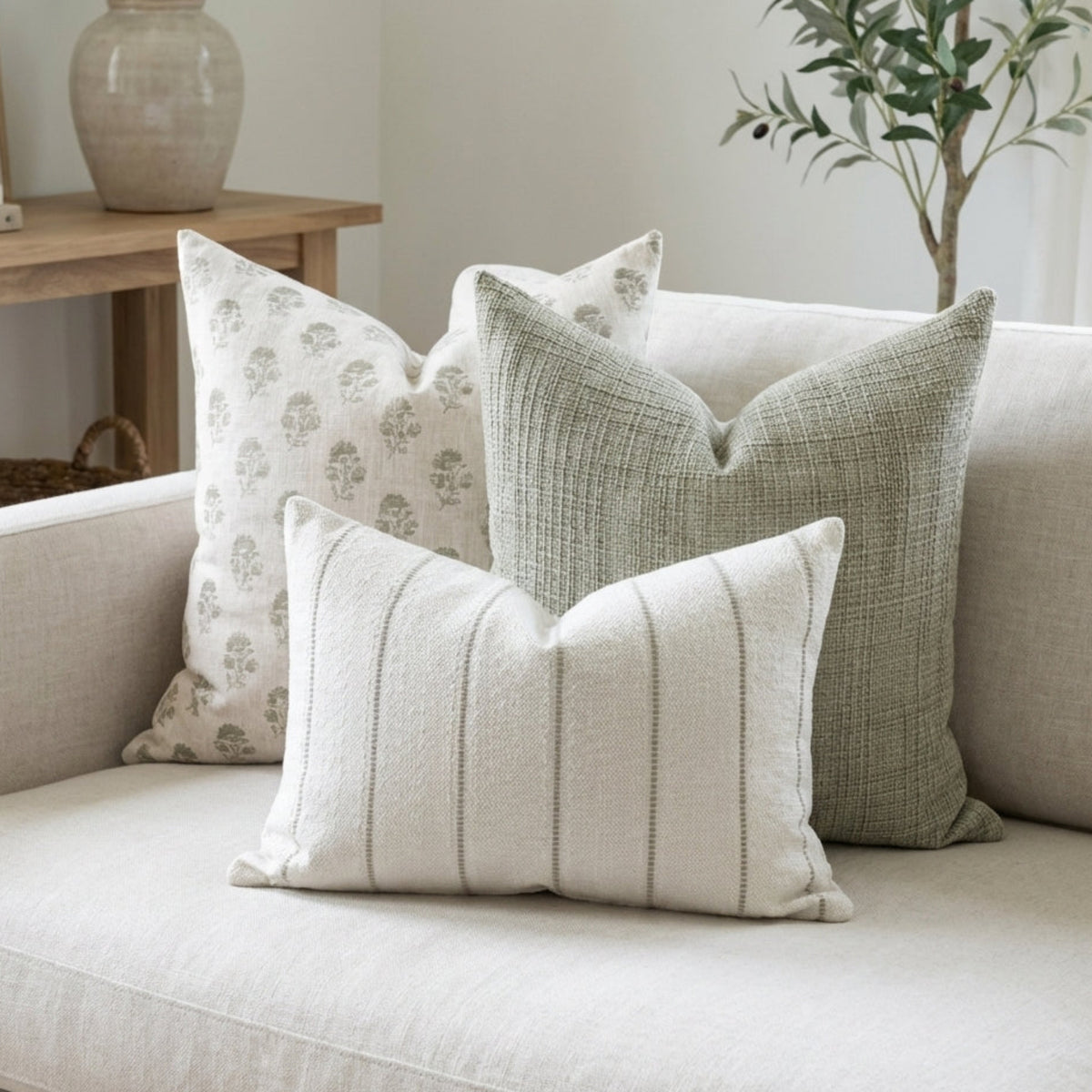Full view of the 20x20 Cecily Pillow Cover on a minimalist sofa in a natural, well-lit room setting with hidden zipper detail.