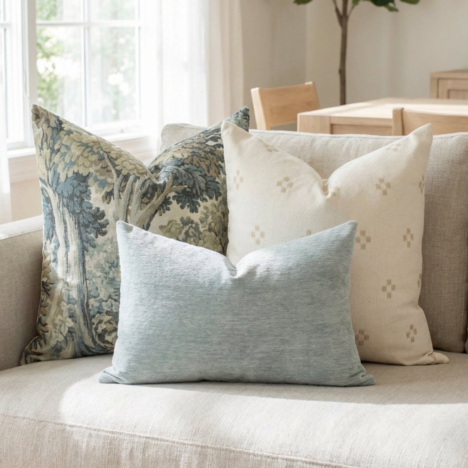 Close-up of a Hailee Pillow Cover on a plush, neutral-toned sofa, showcasing subtle micro-texture and seamless zipper for a refined look.