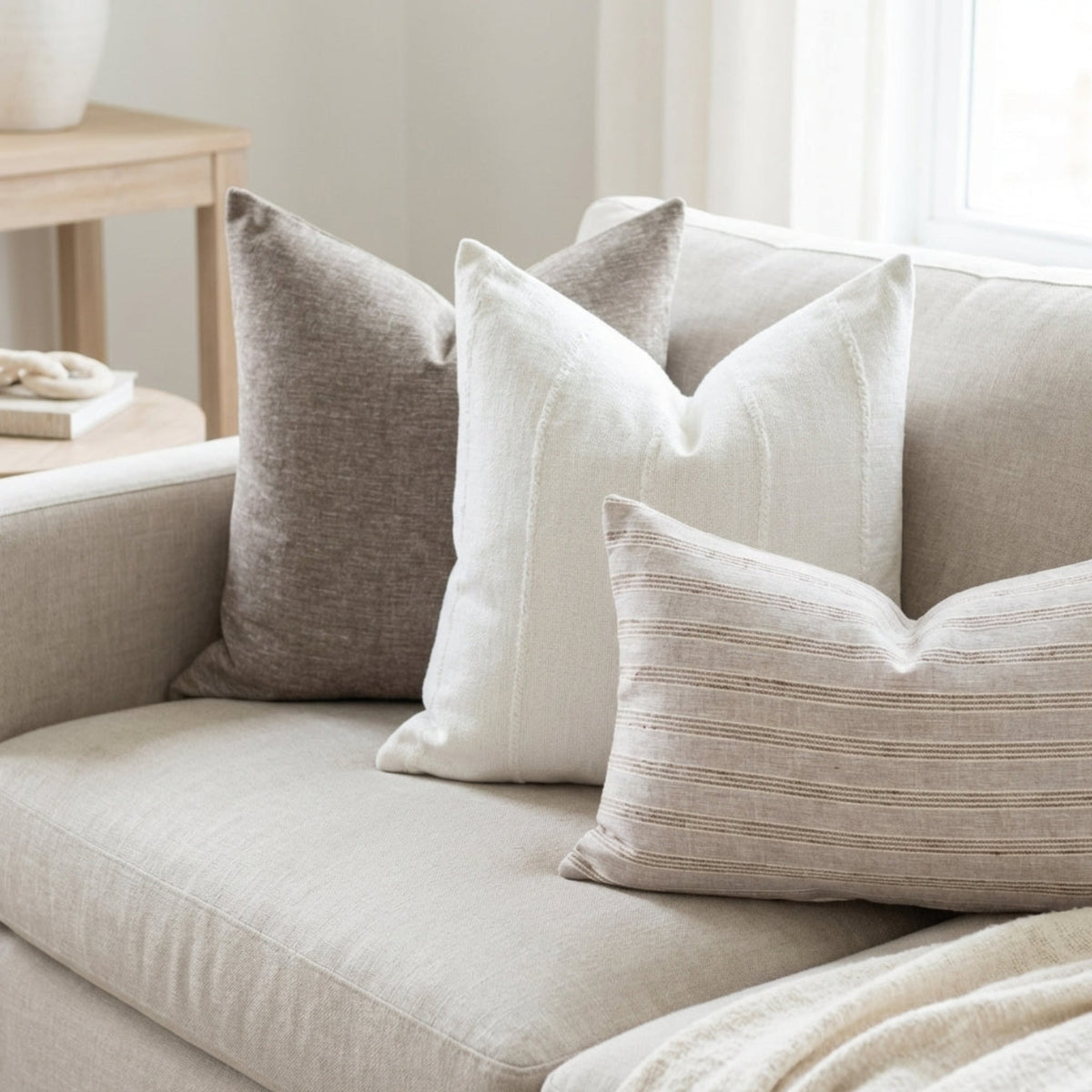 Close-up of mixed combo pillow set on a neutral sofa, showcasing fabric textures and hidden zipper details for a calm, airy ambiance.