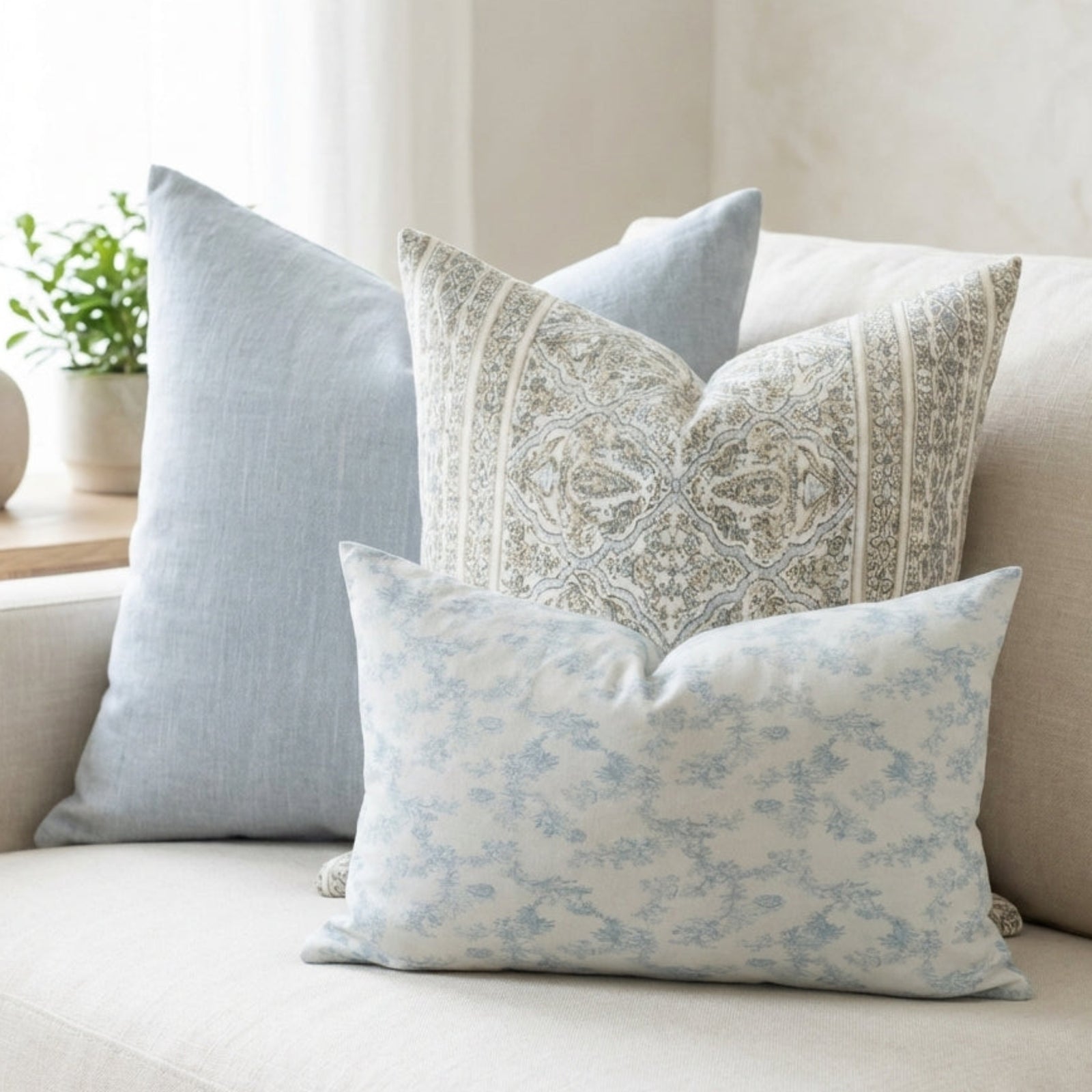 Close-up of Ronan, Athena, and Charlotte pillow covers on a neutral-toned sofa in a bright, airy living space, highlighting textures and patterns.