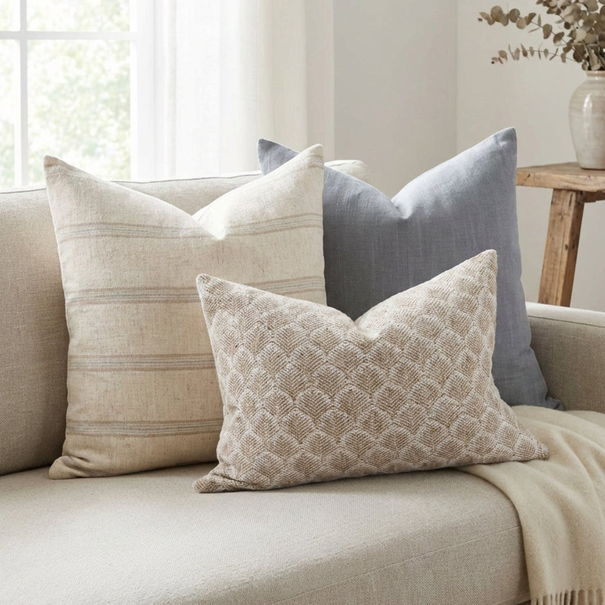 Close-up of pillows showing rich woven texture of Whitaker and subtle stripe of Hamilton on a neutral sofa.