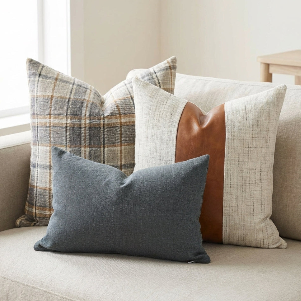 Close-up of Mixed Combo 12 pillow covers on a sofa, highlighting fabric textures and neutral tones in a light, minimalist living space.