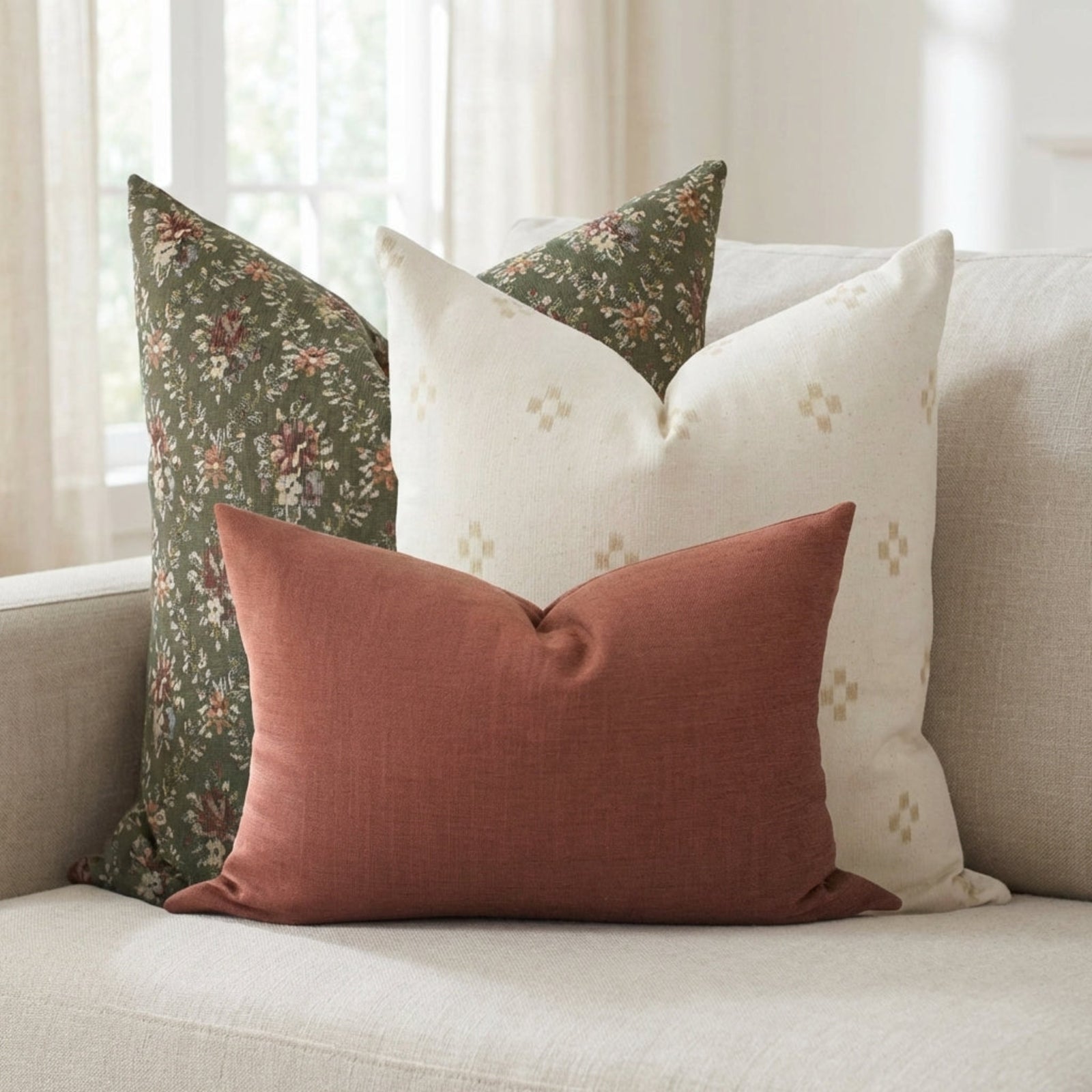Casual arrangement of the Hailee Sofa Combo 2 pillows on a neutral airy sofa in a minimalist living room emphasizing textures and patterns.