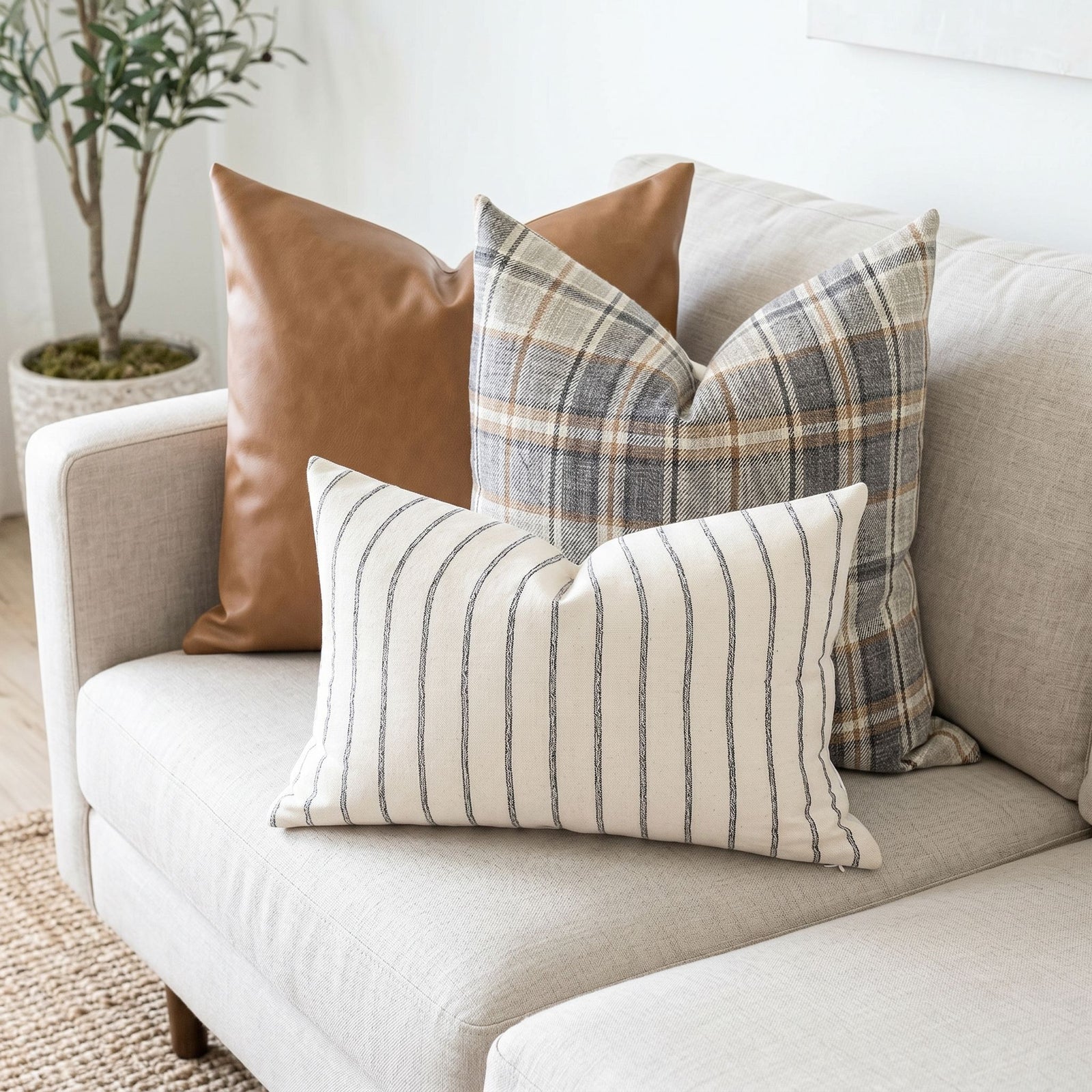Close-up of 20x20 leather pillow from the Leather Sofa Combo 3 on a neutral sofa, showcasing detailed stitching and smooth texture.
