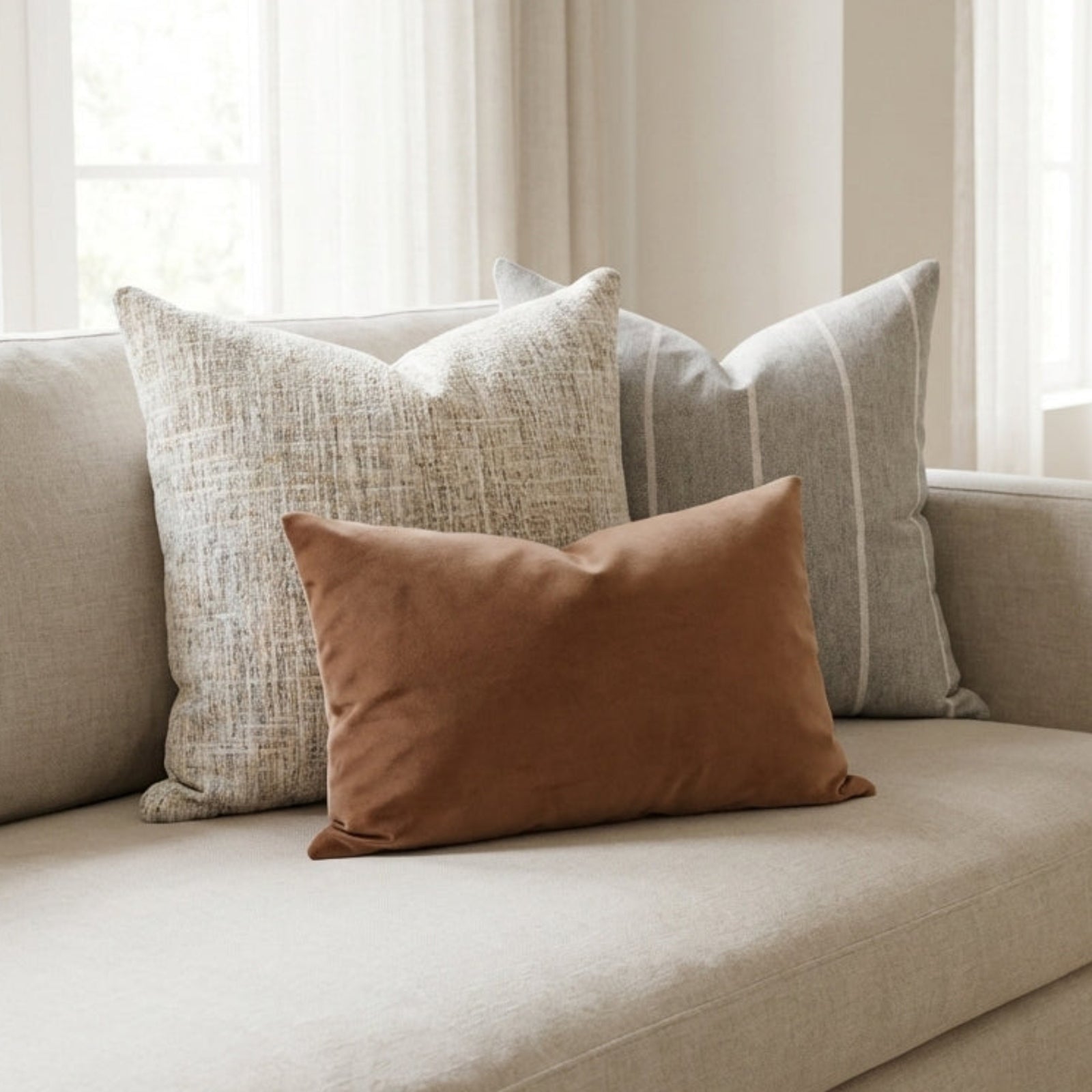 Full scene of copper velvet pillow on a modern airy sofa in a spacious, neutral living room emphasizing relaxed, inviting atmosphere.