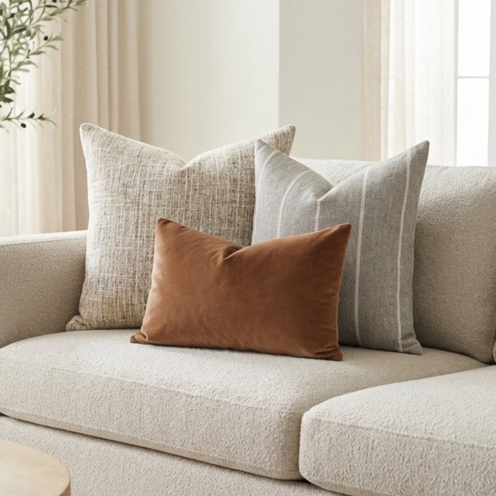 Full scene of copper velvet pillow on a modern airy sofa in a spacious, neutral living room emphasizing relaxed, inviting atmosphere.