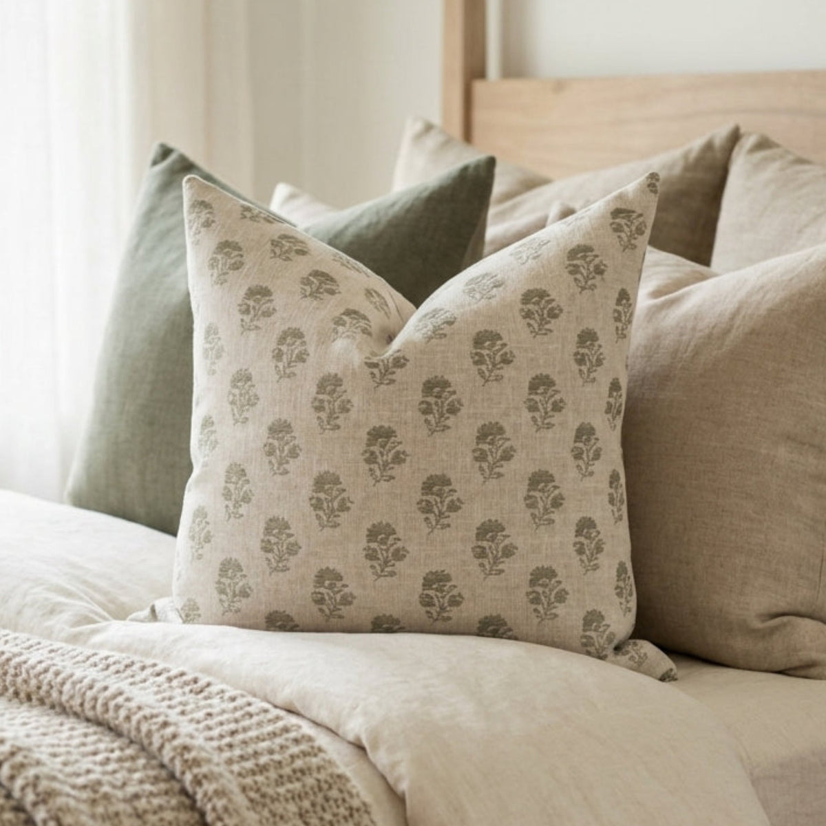 Cecily Pillow Cover on a bed with earth-toned linens in a softly lit bedroom, emphasizing clean lines and hidden zipper.