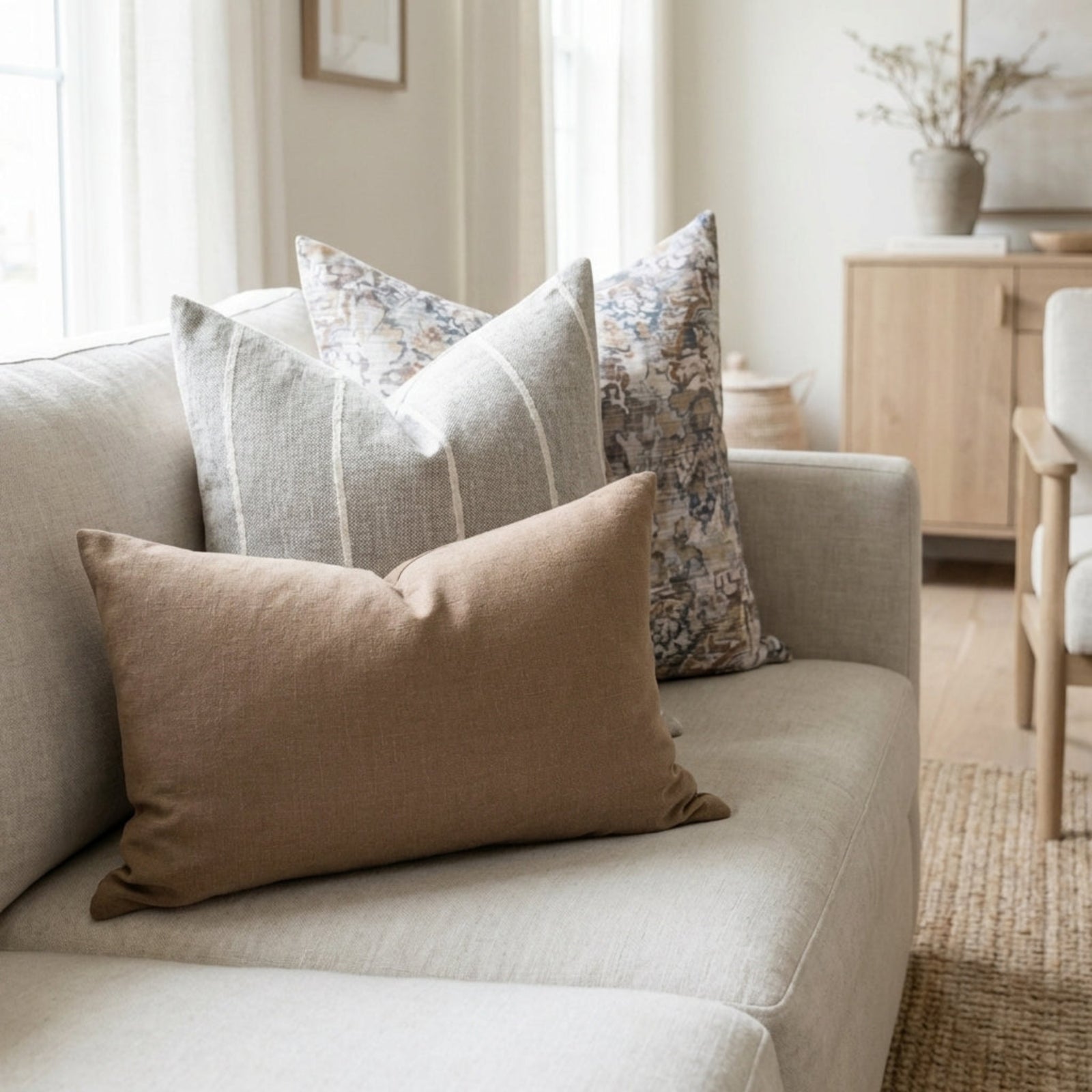 Softly arranged Gage Sofa Combo 5 pillows on a plush sofa in a serene, airy modern living room with neutral tones and diffuse lighting.