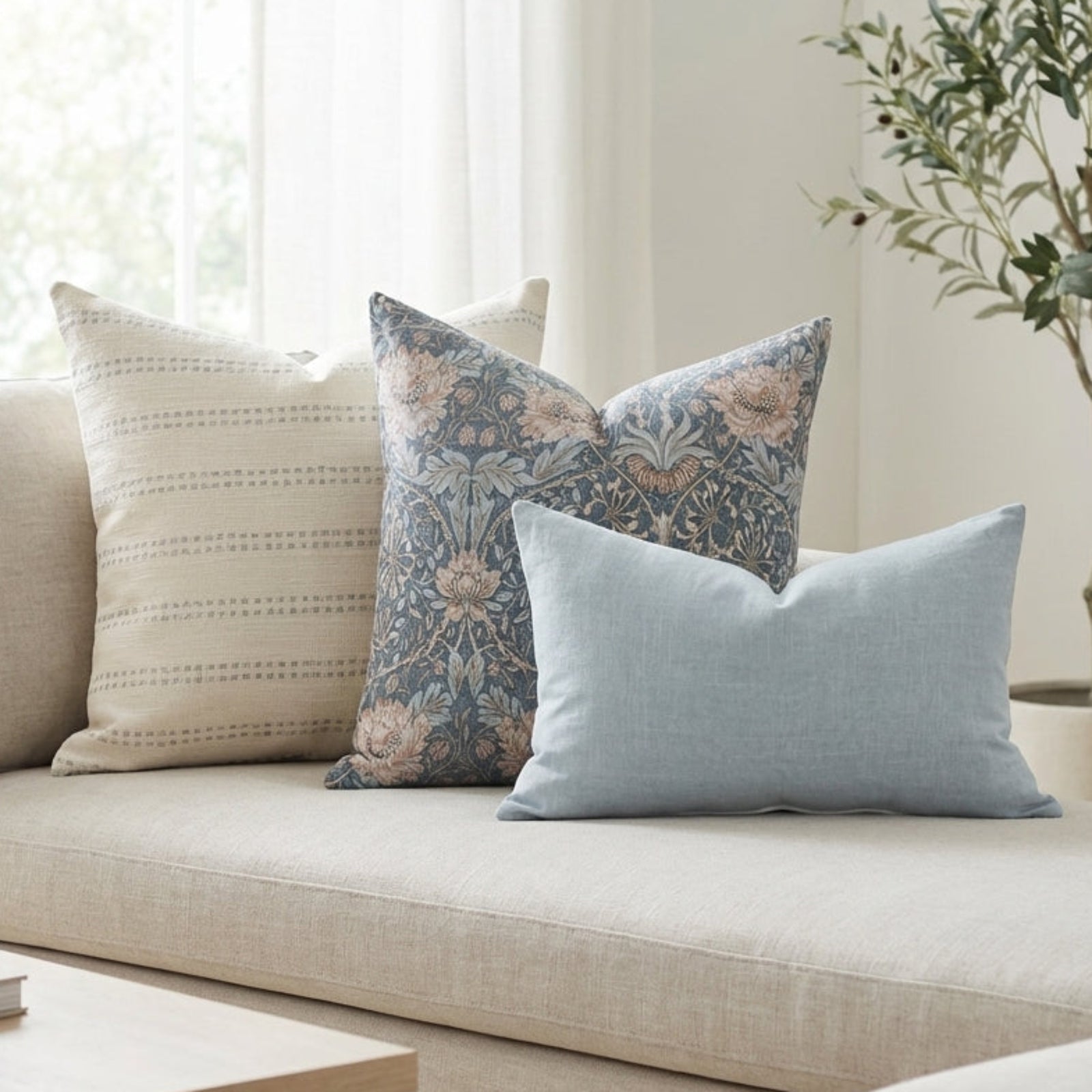 Pillow covers from the Ronan Sofa Combo 2 set arranged on a modern neutral-toned sofa in an airy and bright living room.