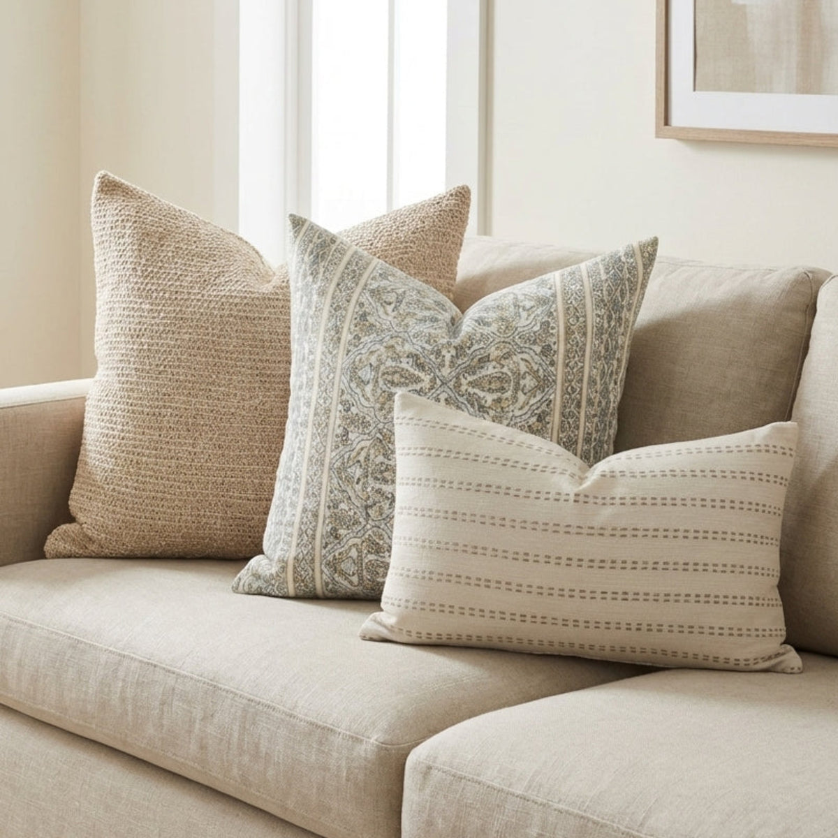 Neutral-toned sofa decorated with Oversized Combo 8 pillow covers showcasing delicate patterns and soft textures in a light, airy living room.