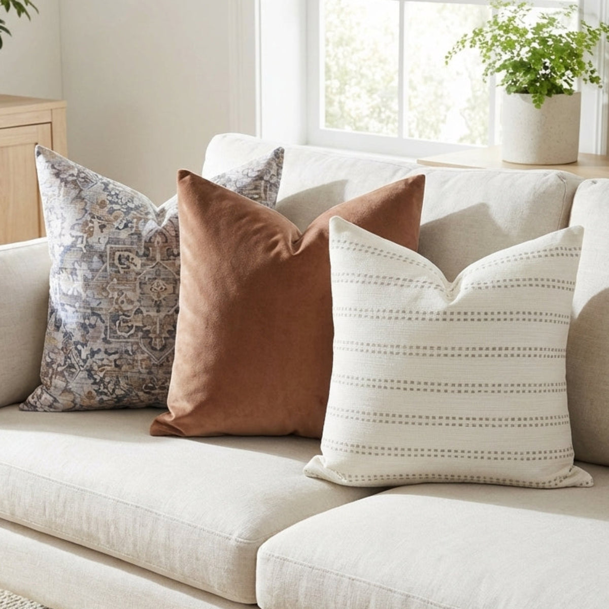 Cozy living room with plush sofa showcasing the Mixed Combo 7 pillow set, highlighting fabric textures and high-quality craftsmanship in a calm atmosphere.