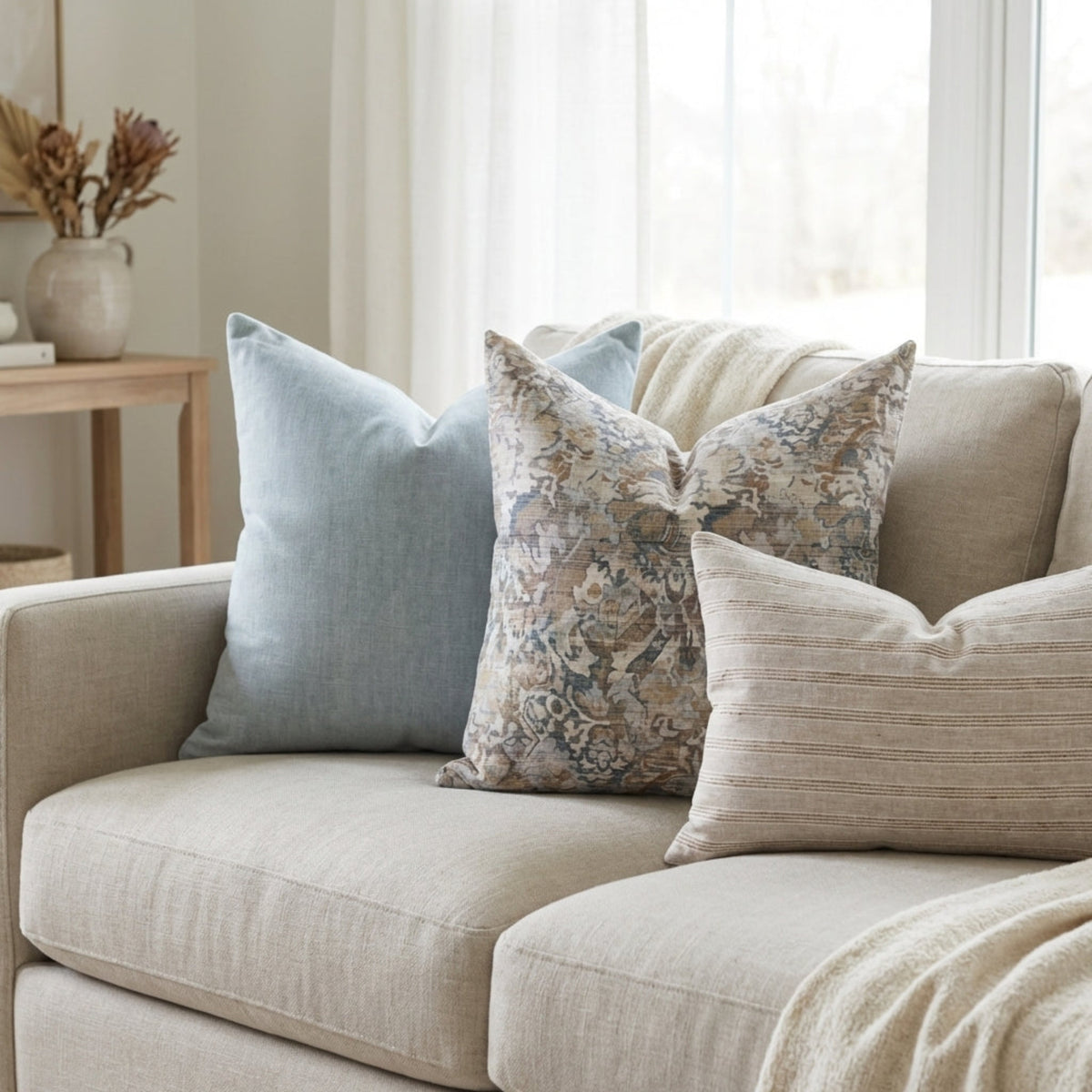 Neutral-toned sofa with the Grady Sofa Combo pillows arranged for a calm, inviting look in a minimalist setting.