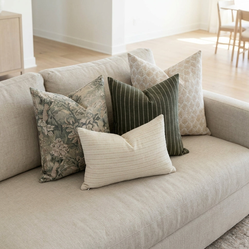Cozy sofa styled with Cecily Pillow Collection featuring botanical and textured patterns in soft natural tones.