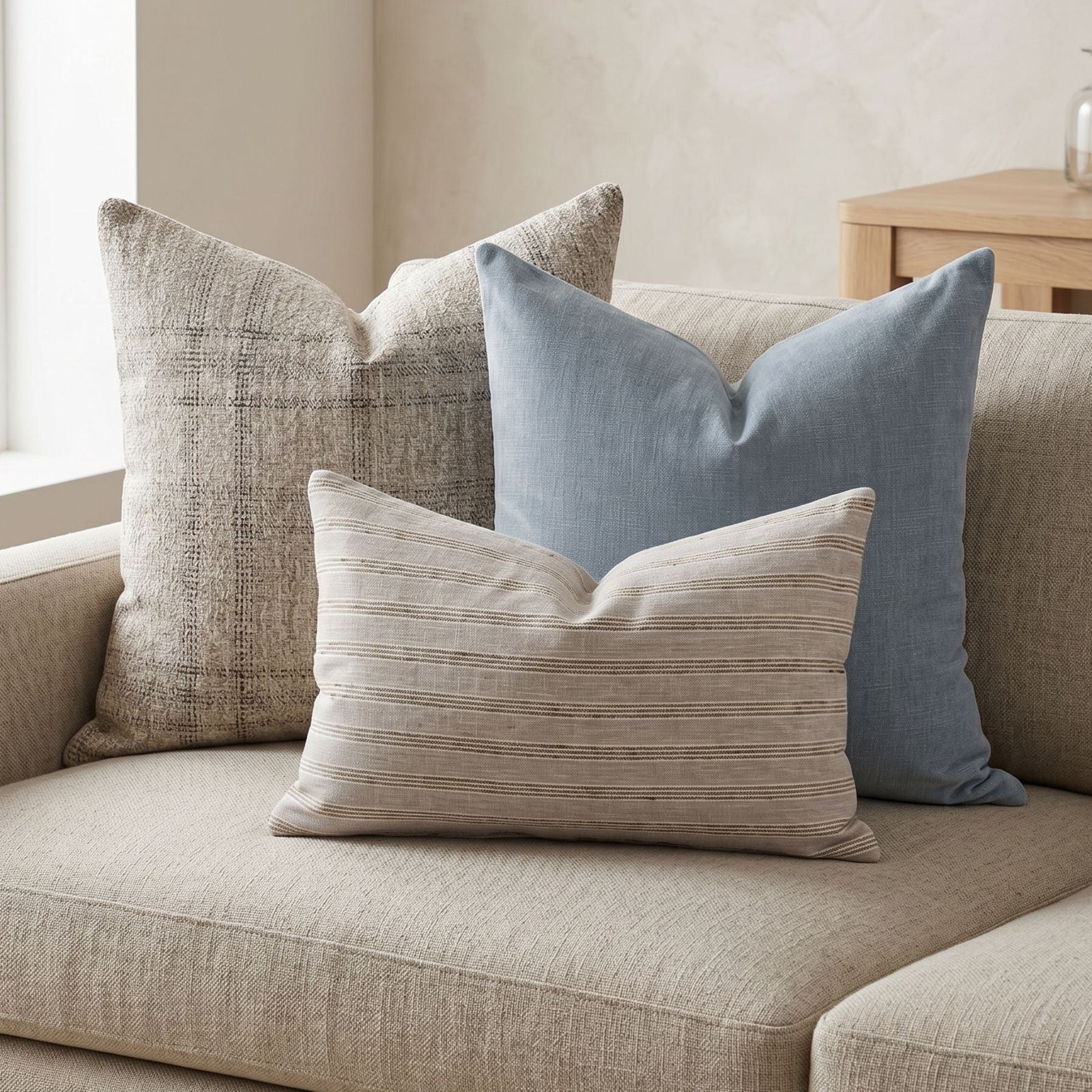 High-resolution view of Bennett Sofa Combo 1 pillows on a neutral sofa, highlighting craftsmanship, textures, and sophisticated pattern alignment in a living room.