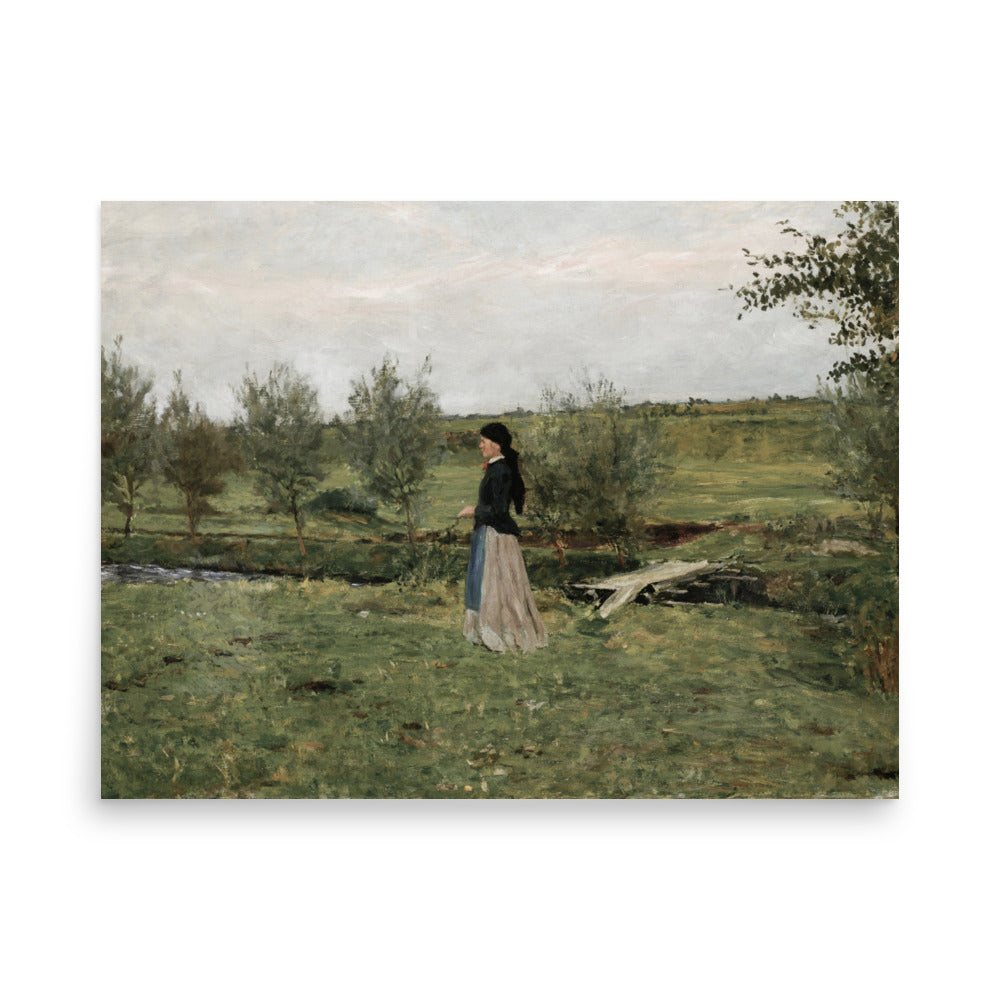 Framed painting of a woman walking in a landscape with trees and a path.