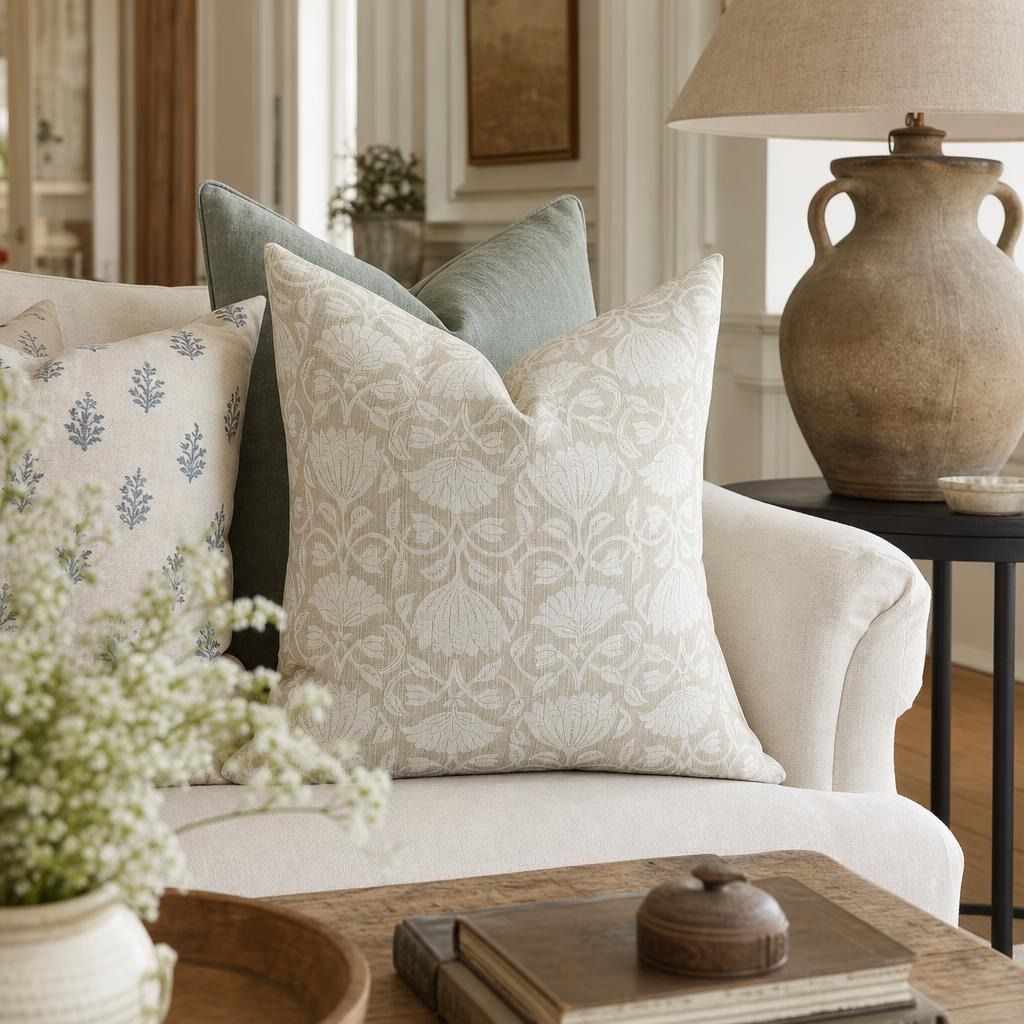 Close-up of August Throw Pillow with floral block print on a cozy sofa in an elegant European countryside style living room.