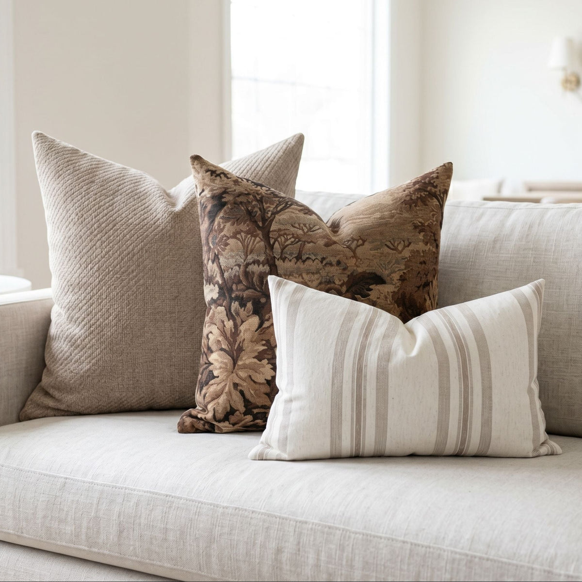 Pillow set on a neutral-toned sofa in airy living room, featuring woodland Finnegan tapestry, warm Banks weave, and striped Quincy for elegant, cozy decor