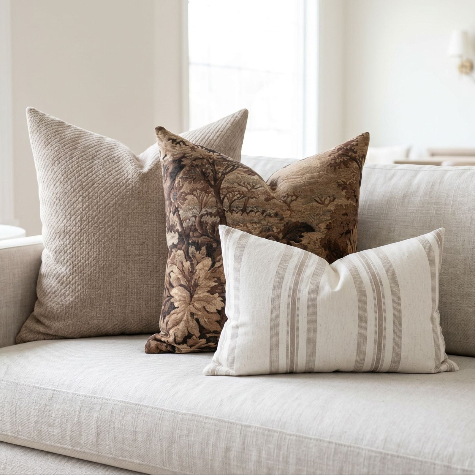Pillow set on a neutral-toned sofa in airy living room, featuring woodland Finnegan tapestry, warm Banks weave, and striped Quincy for elegant, cozy decor