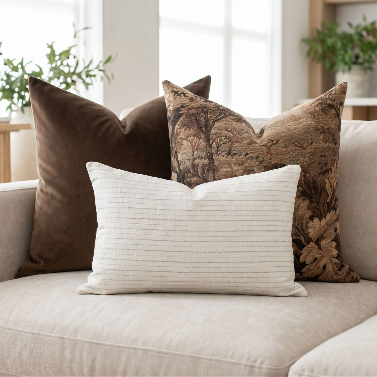 Plush sofa with Finnegan Pillow Set featuring vintage-inspired patterns and textures in a bright, airy living room.