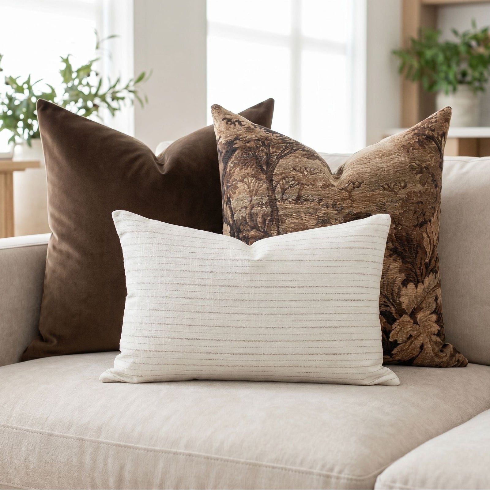 Plush sofa with Finnegan Pillow Set featuring vintage-inspired patterns and textures in a bright, airy living room.