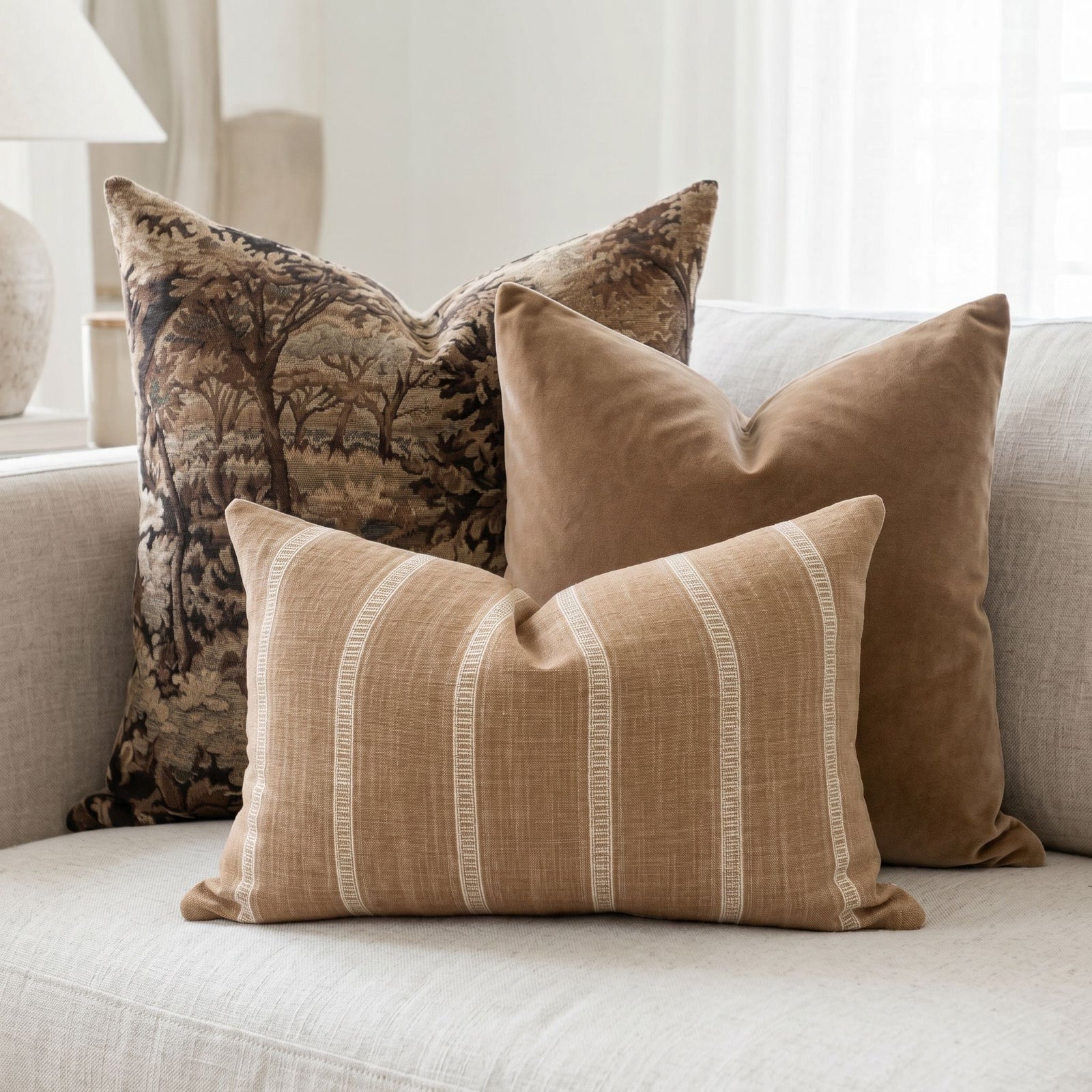 Close-up of three Finnegan pillow covers on a plush sofa, highlighting textures and intricate tapestry in an airy living room.
