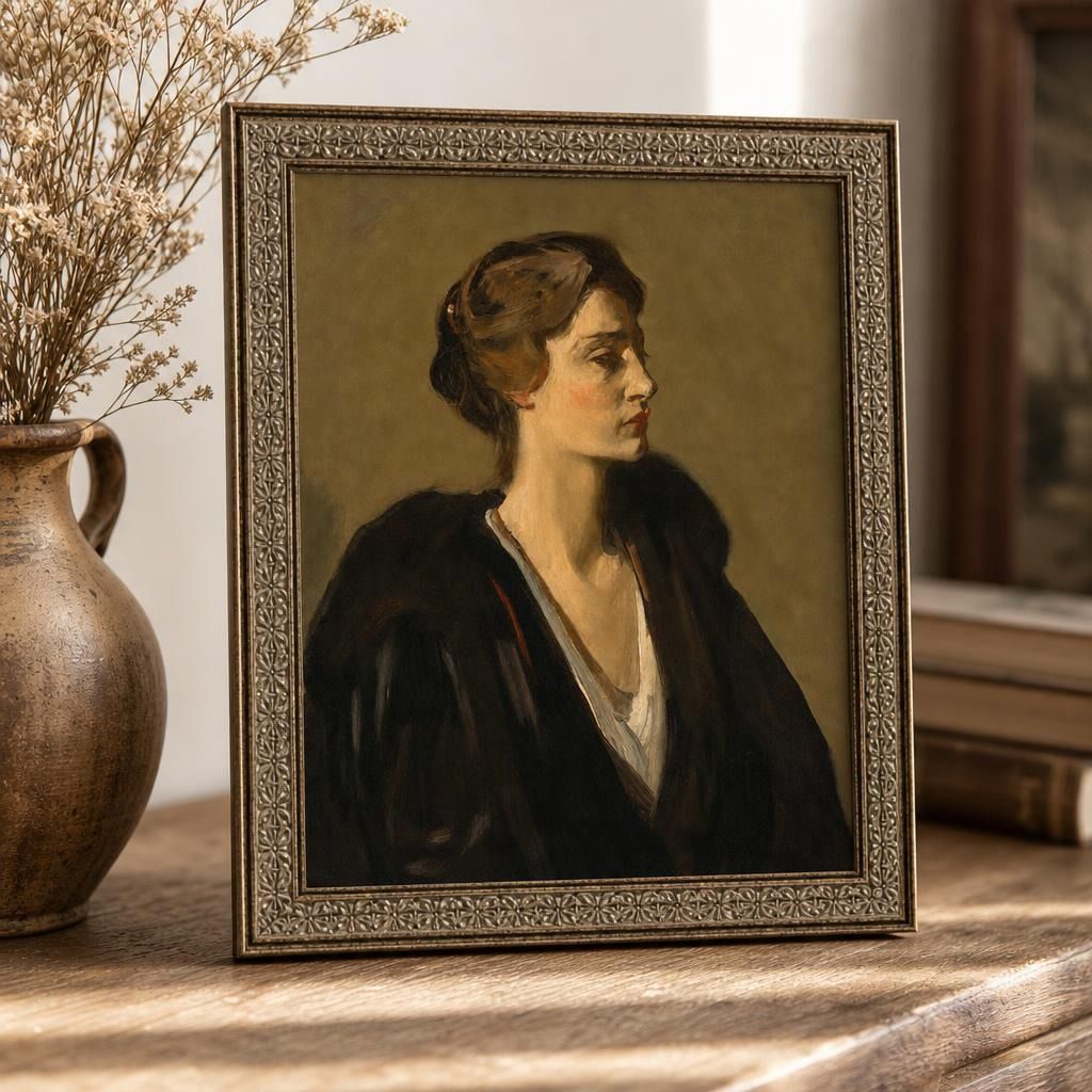 Close-up of Fiona vintage portrait art print focusing on textured paper, painterly details, and visible wear with soft daylight highlighting authenticity.