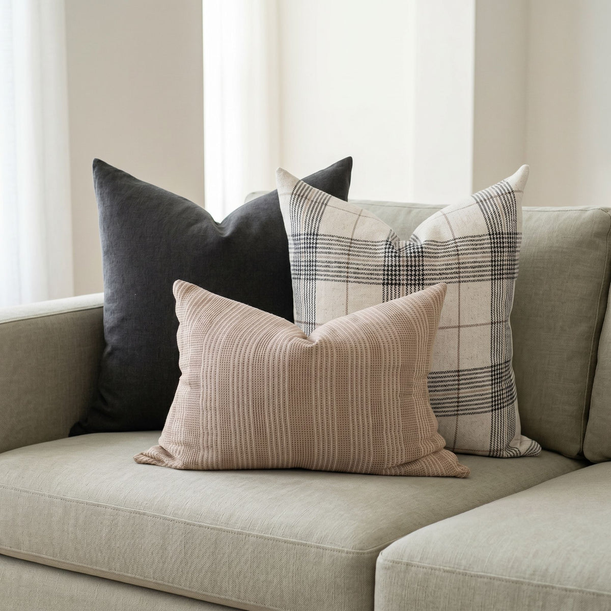 Full view of sofa with Monroe Pillow Set in a bright airy room emphasizing texture and contemporary style.