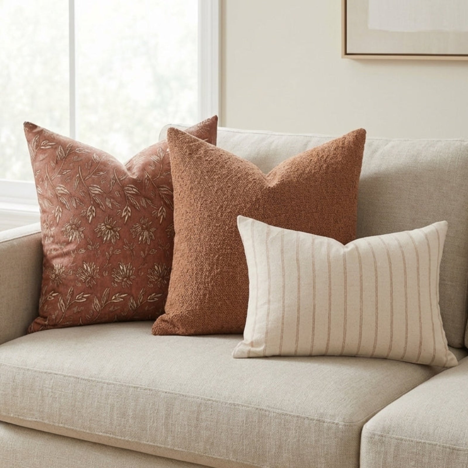 Neutral-toned sofa adorned with handmade textured pillows from the Terracotta Sofa Combo 4, creating a warm, inviting living space.