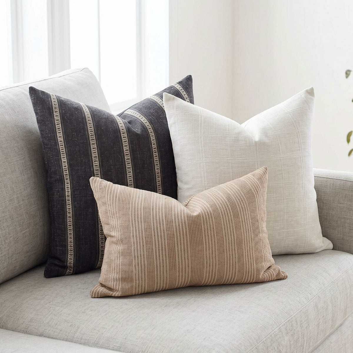 Full view of Xavier, Margot, and Zara pillows arranged on a spacious light sofa in a minimalist living space with natural lighting and textured details.