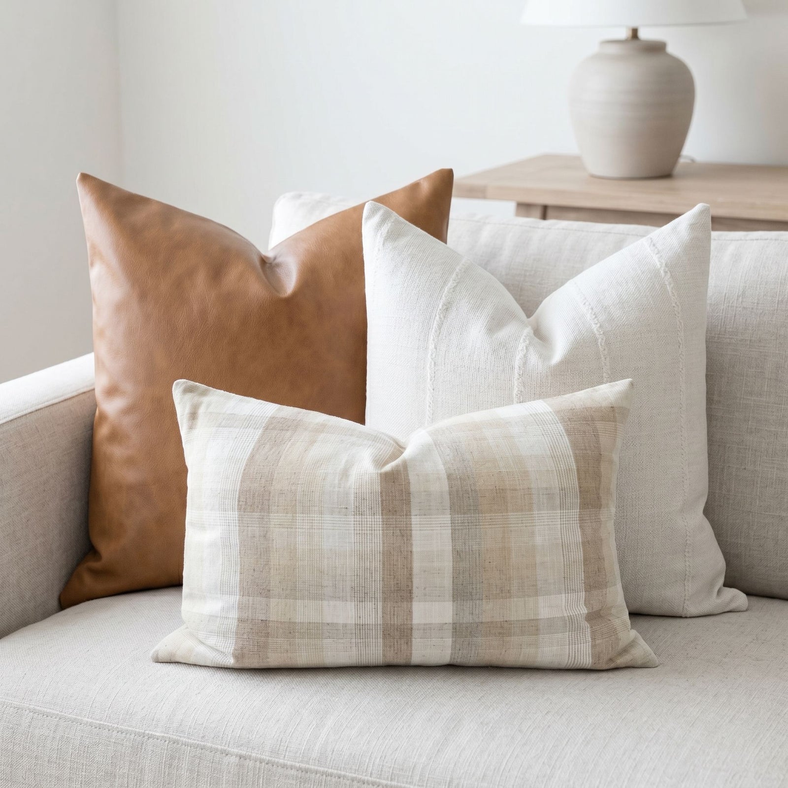 Complete Leather Sofa Combo 1 pillows displayed on a bright, neutral sofa, emphasizing detailed textures and artisanal craftsmanship.