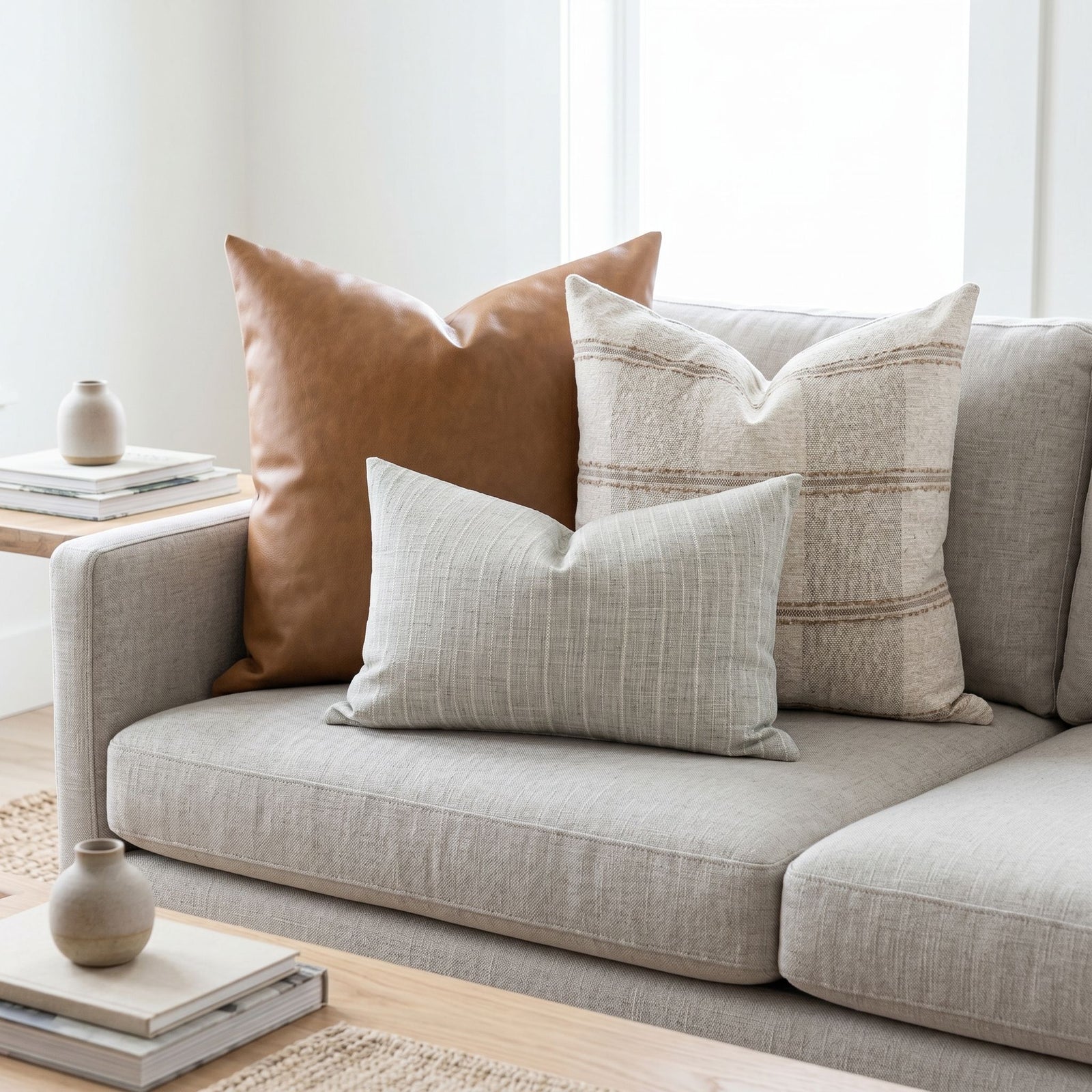 Set of three pillows including leather, rustic fabric, and gray striped lumbar on a neutral-toned sofa in a bright living space.