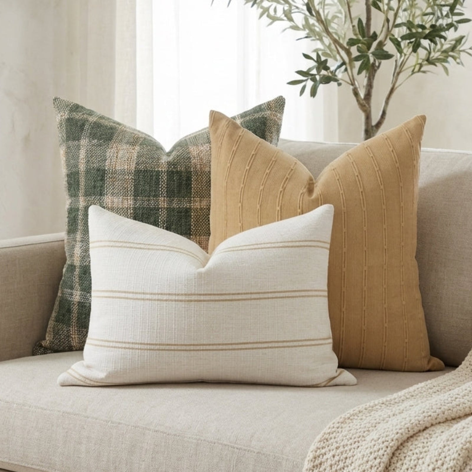 Full view of sofa with Single-Sided Combo 4 pillow covers in a relaxed living space, highlighting elegant arrangement and high-quality fabrics.