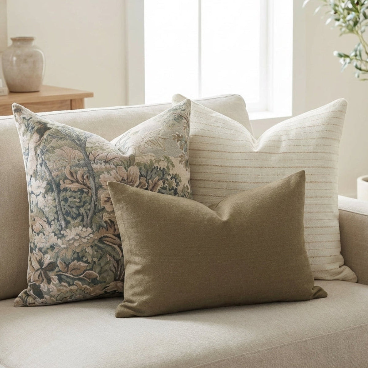 Full shot of sofa with layered pillows from Mixed Combo 10 set, emphasizing neutral tones, textures, and soft lighting in contemporary living room.