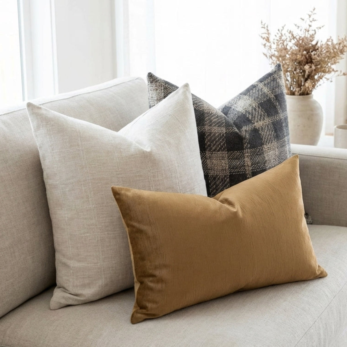 Full shot of the pillow set casually arranged on a light, airy sofa in a spacious room with neutral decor and natural lighting.