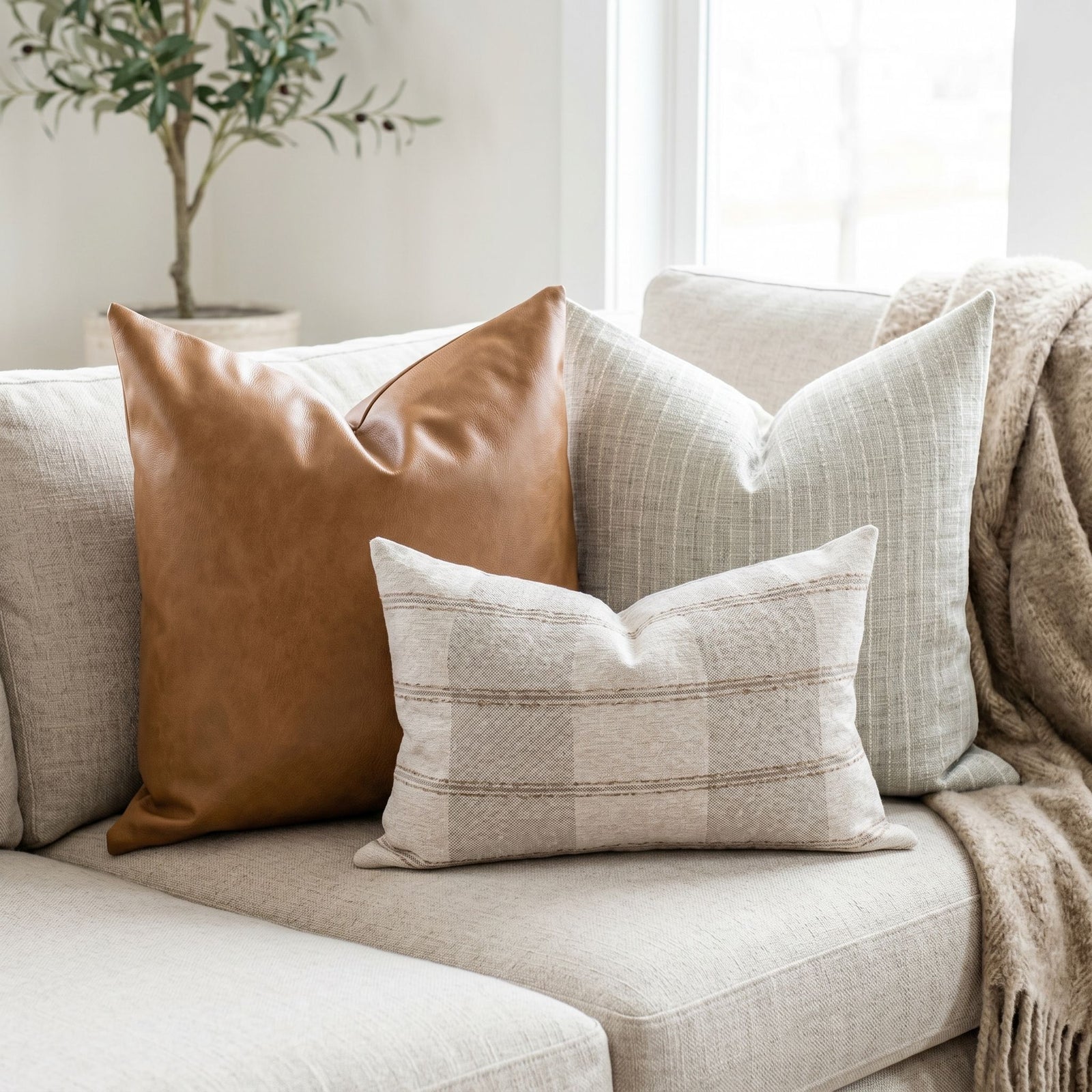 Close-up of caramel leather pillow cover on a neutral-toned sofa with soft natural lighting, emphasizing texture and craftsmanship.