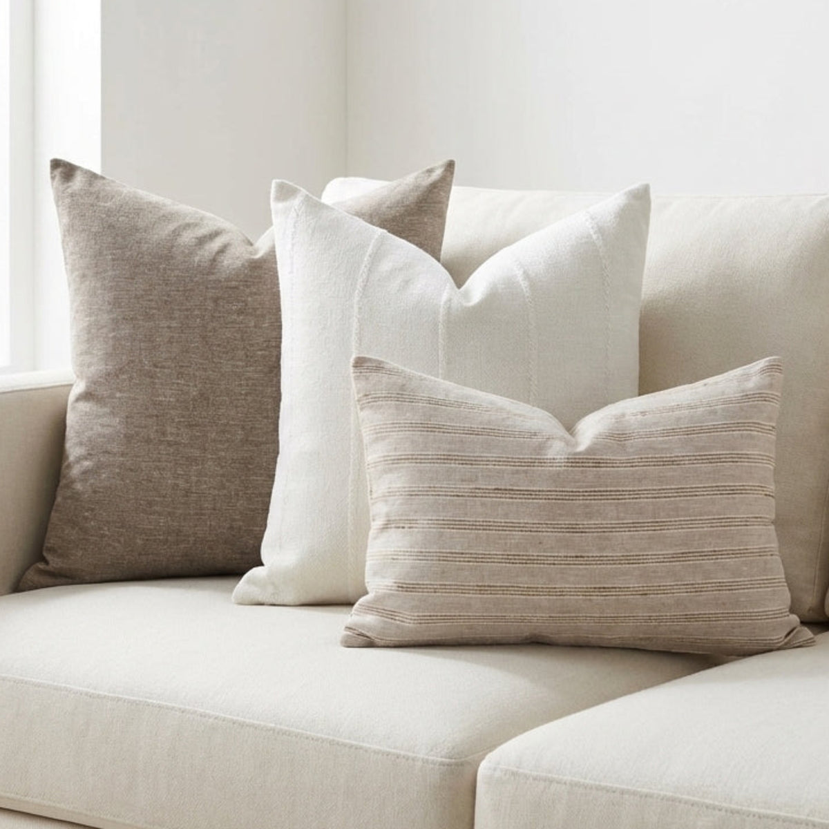 Full view of pillow set on a modern, airy sofa in a minimalistic space, highlighting arrangement, textures, and natural colors.