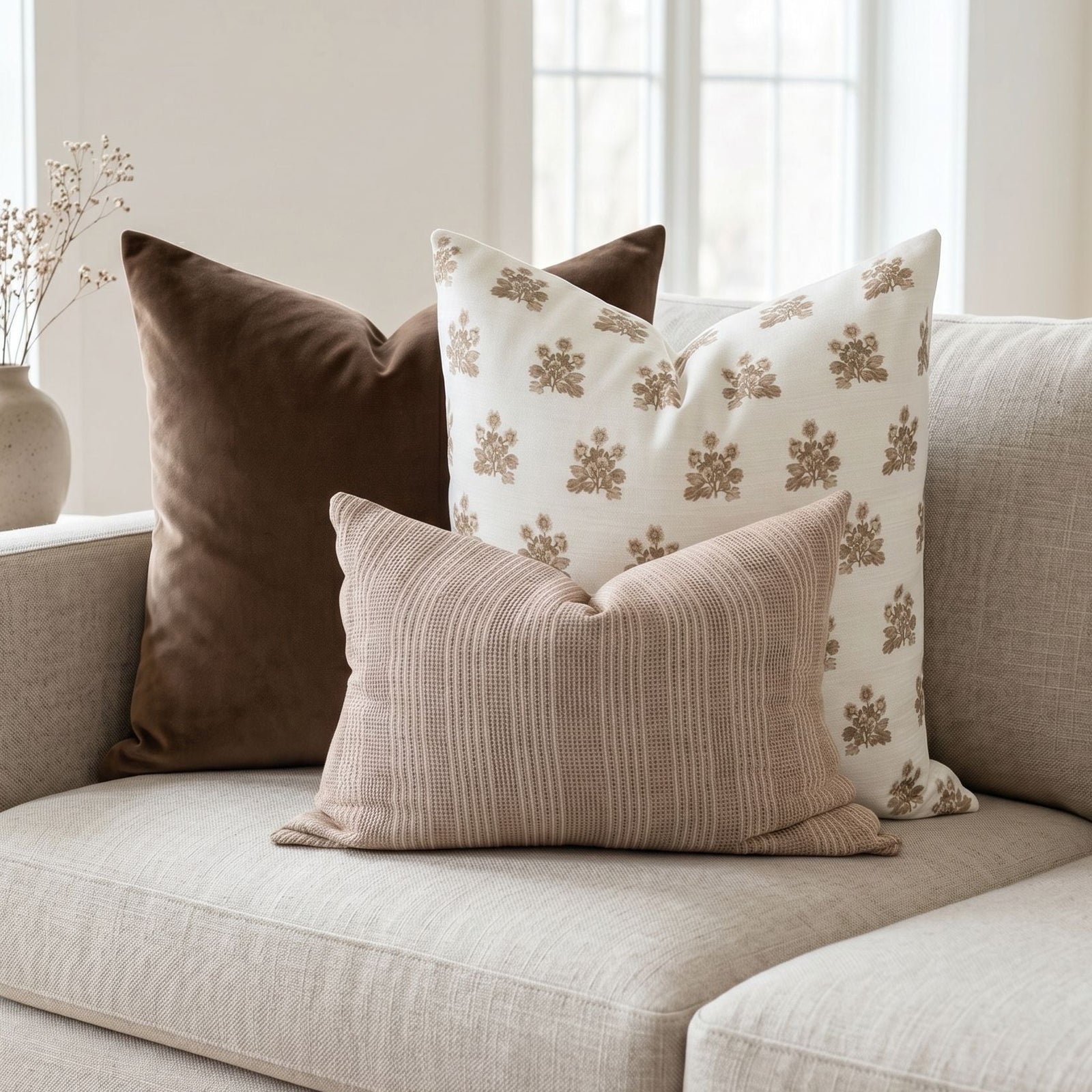 Full view of Scarlett Sofa Combo 3 pillows on a neutral sofa in a bright, airy interior with minimal decor, emphasizing patterns and textures.