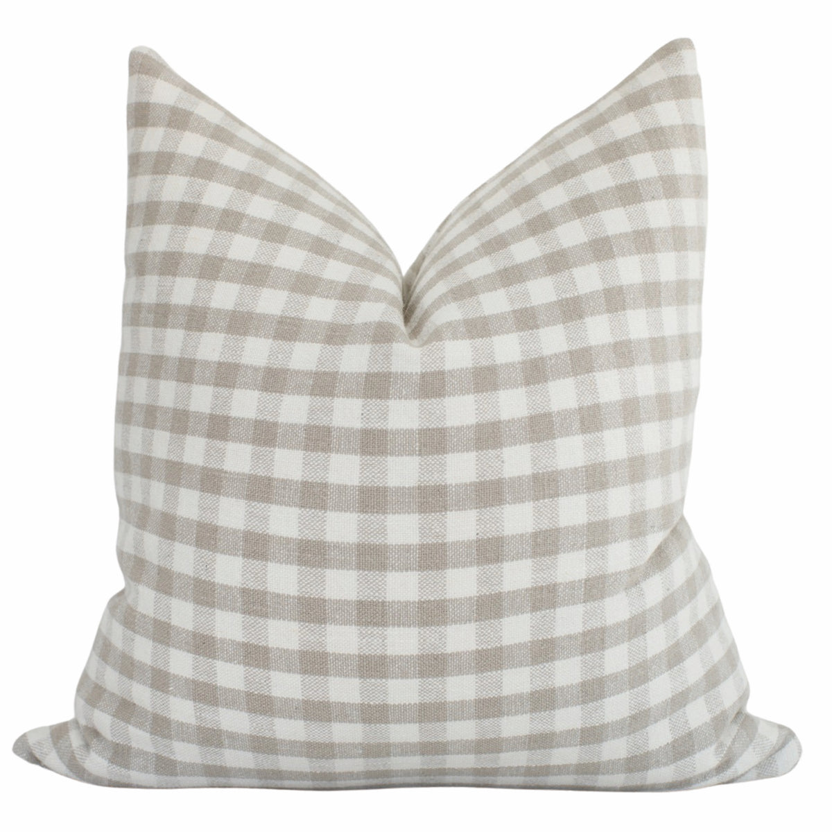 This pillow features a soft beige and white gingham pattern, offering a cozy and textured look with a woven, grid-like design.