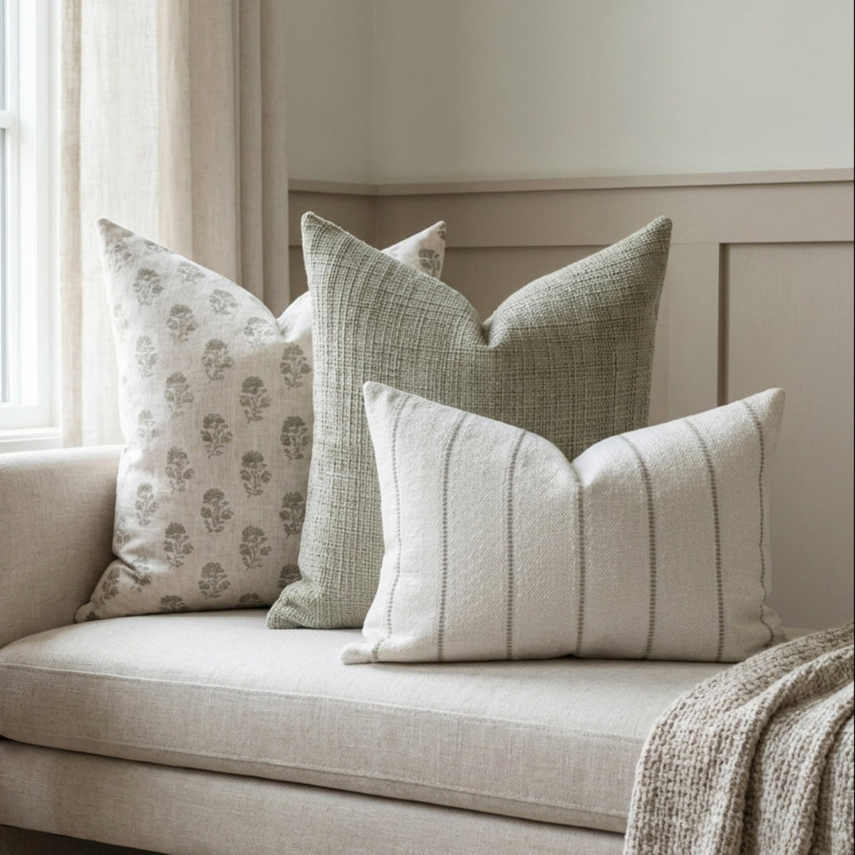 Lifestyle scene featuring the 12x20 Kindred Stripe Pillow Cover on a bed or chair with natural daylight and a serene modern farmhouse vibe.